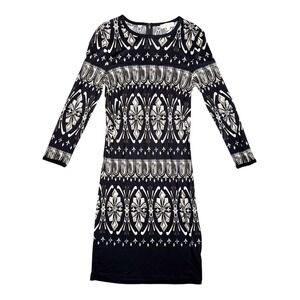 Tory Burch Silk Sheath Dress Womens Small‎ Black White Print Long Sleeve